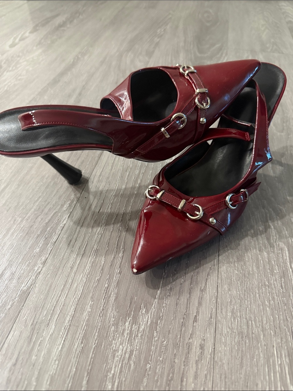 Amazon Women's Burgundy Patent Pointed-Toe Slingback Heels with Silver Buckle
